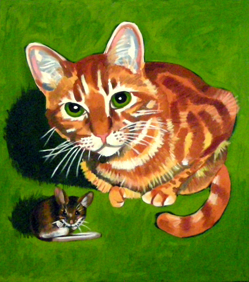 Orange Cat & Field Mouse, Oil on Canvas, 38 "x30" © 2007 Lili Bernard, Collection Charles Burnett 