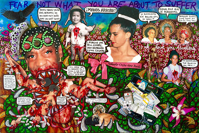 Lili Bernard. Manos Arriba, BC, 2016. Acrylic paint, photographs, indelible marker, costume jewelry, pills, glitter, plastic human skeleton, 24"x36"